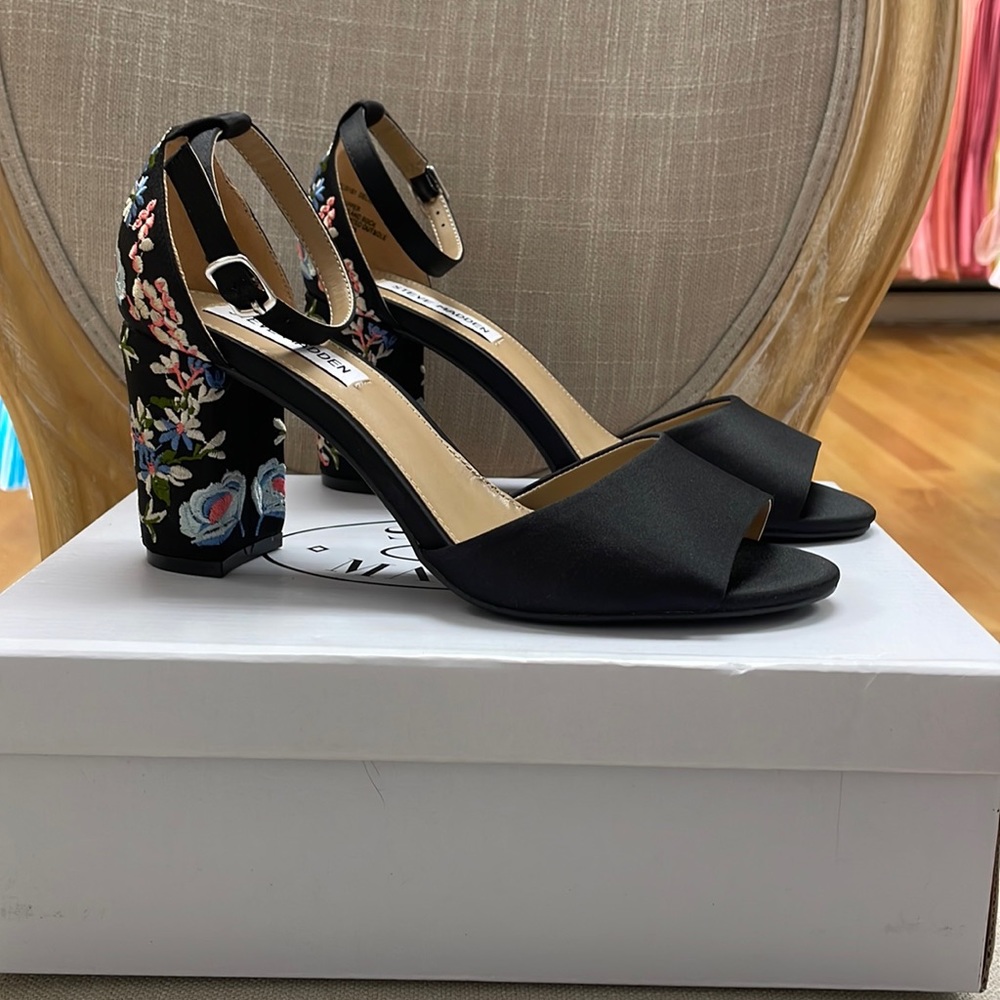 Black Satin with Floral Heel